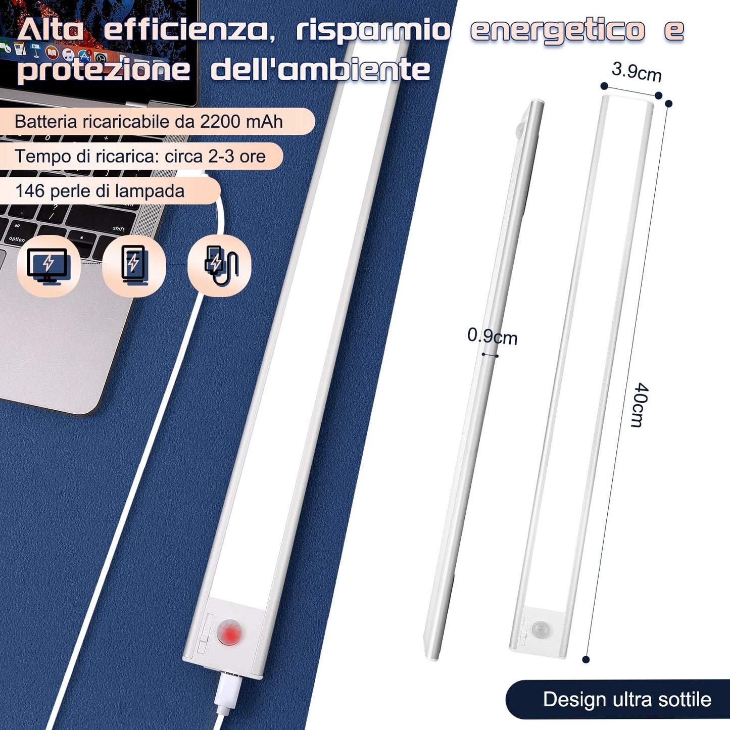 AiQInu 146 LED Cabinet Light with Motion Sensor, USB Rechargeable LED Under Cabinet Light, 40 cm Dimmable Cabinet Light with Magnetic Strip Sticker for Kitchen, Stairs, Corridors