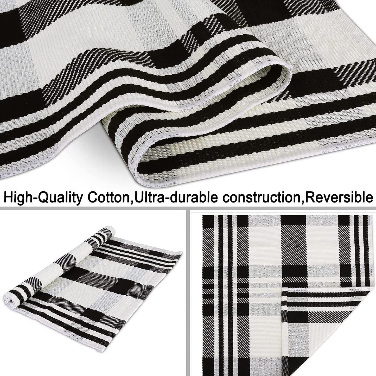 CAINANEL Buffalo Plaid Outdoor Rug Black and White Check Rug 35.4'' x 59'' Cotton Hand-Woven Checkered Front Welcome Door Mat Indoor/Outdoor Area Rug for Front Porch,Kitchen,Entry Way,Living Room