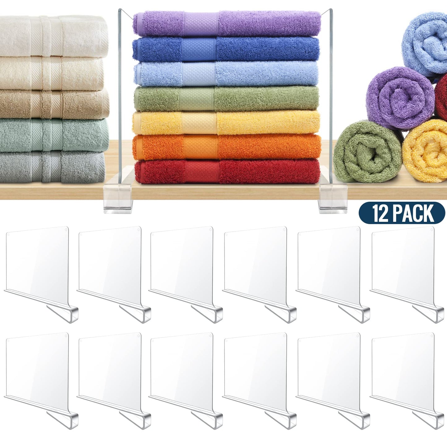 BAUMFEUER 12 Pack Clear Acrylic Shelf Dividers for Closet Shelf Organizer of Bedroom Kitchen Office Bathroom Organizer for Clothes Books Hats and Handbags
