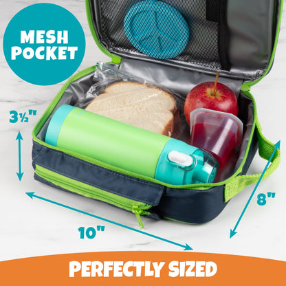 Insulated Lunch Box w Snack Pocket & Water Bottle Holder-Girls or Kids School Lunchbox Tote Keeps Food Hotter or Colder Longer-Reusable Bag Fits Most Bento Boxes Ice Packs Nesting Container-Blue Green