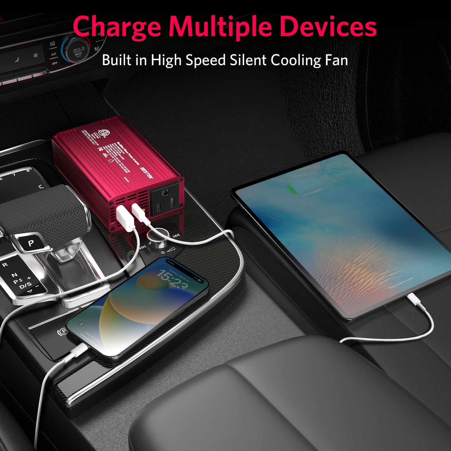 BESTEK 200W Car Power Inverter with Dual USB PD 20W QC 3.0 18W and DC 12V to AC 110V, Car Charger Adapter and Cigarette Lighter Socket