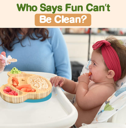 Bamboo Plates for Kids - Baby & Toddler Plates with Suction for Feeding & Weaning, Eco-Friendly Bear Design Promotes Self-Feeding, Ideal for Busy Moms & Dads, Sturdy & BPA-Free (Blue)