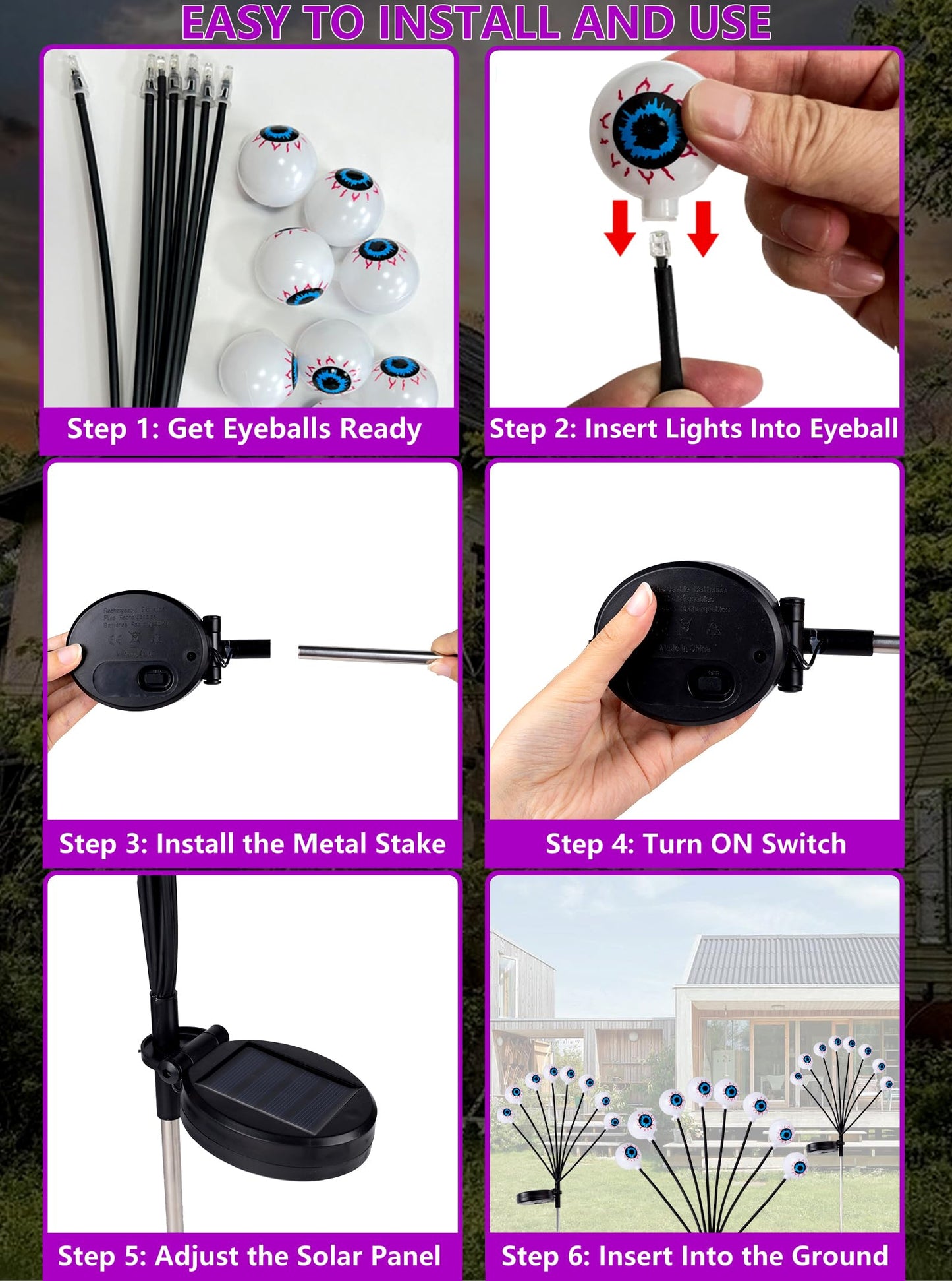 4 Pack Halloween Decorations Outdoor Lights - 32LED Solar Scary Eyeball Pathway Light Swaying by Wind, Waterproof Solar Halloween Stake Lights for Garden Porch Lawn Pathway (Purple)