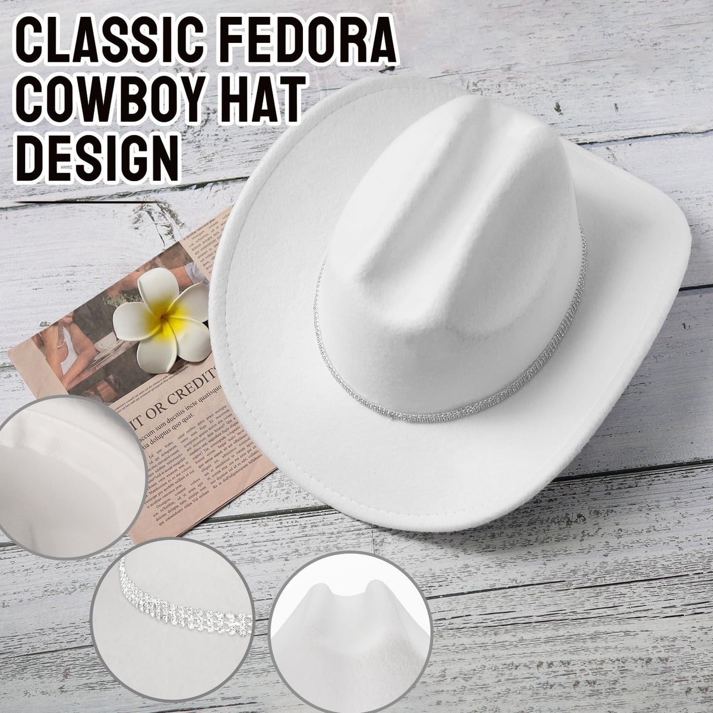 Aswitnove Cowboy Hat Rhinestone Cowgirl Boots Earrings Set Western Earrings Felt Fedora Jazz Hat Rodeo Outfit for Women Boots White