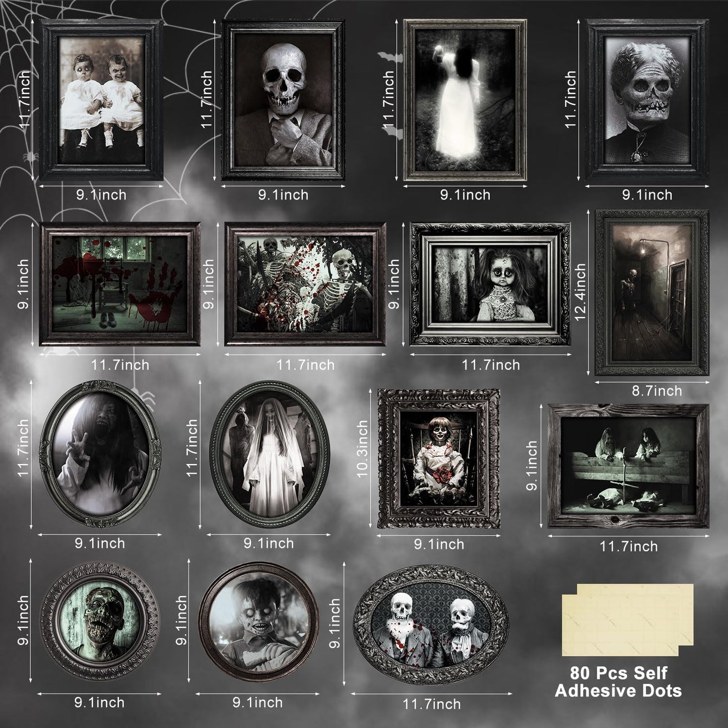 Benjia 15 Halloween Gothic Creepy Skull Photos Haunted Horror Picture Frame, Waterproof Durable, with 80pcs Self Adhesive Dots，Creepy Photo Decoration For Haunted Family Castle Masquerade Party Black