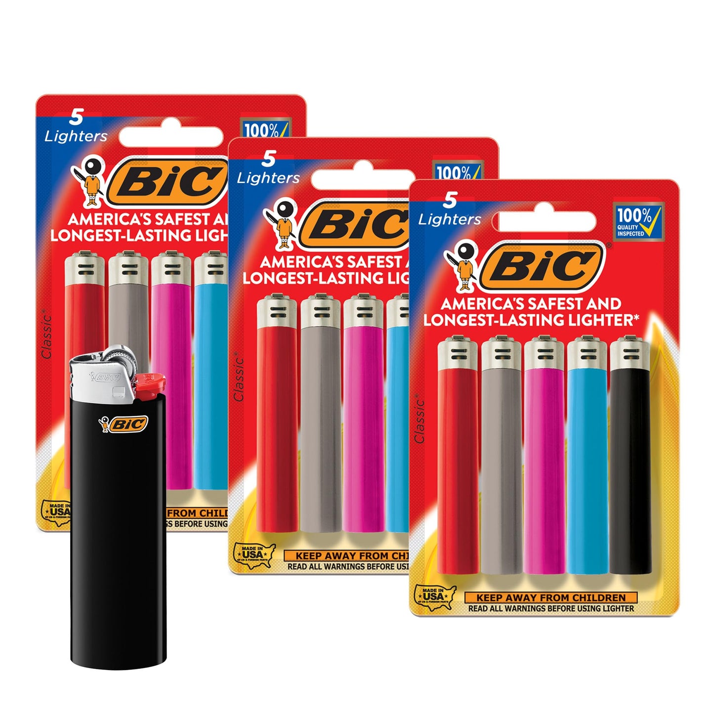 BIC Classic Lighters, Pocket Style, Safe Child-Resistant, Assorted Colors (packaging may vary), 5-Count (Pack of 3)