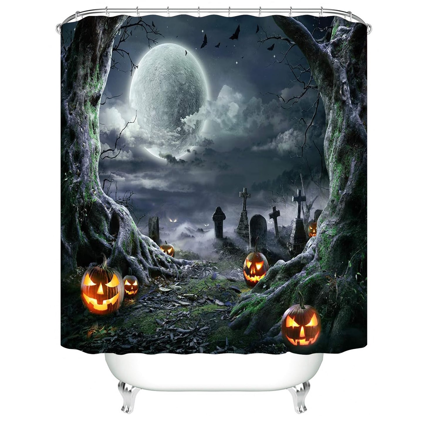 4PCS Halloween Shower Curtain Set with Non-Slip Rug, Toilet Lid Cover and Bath Mat, Moon Night Forest Pumpkin Shower Curtain with 12 Hooks, Waterproof Shower Curtain for Halloween Bathroom Decor