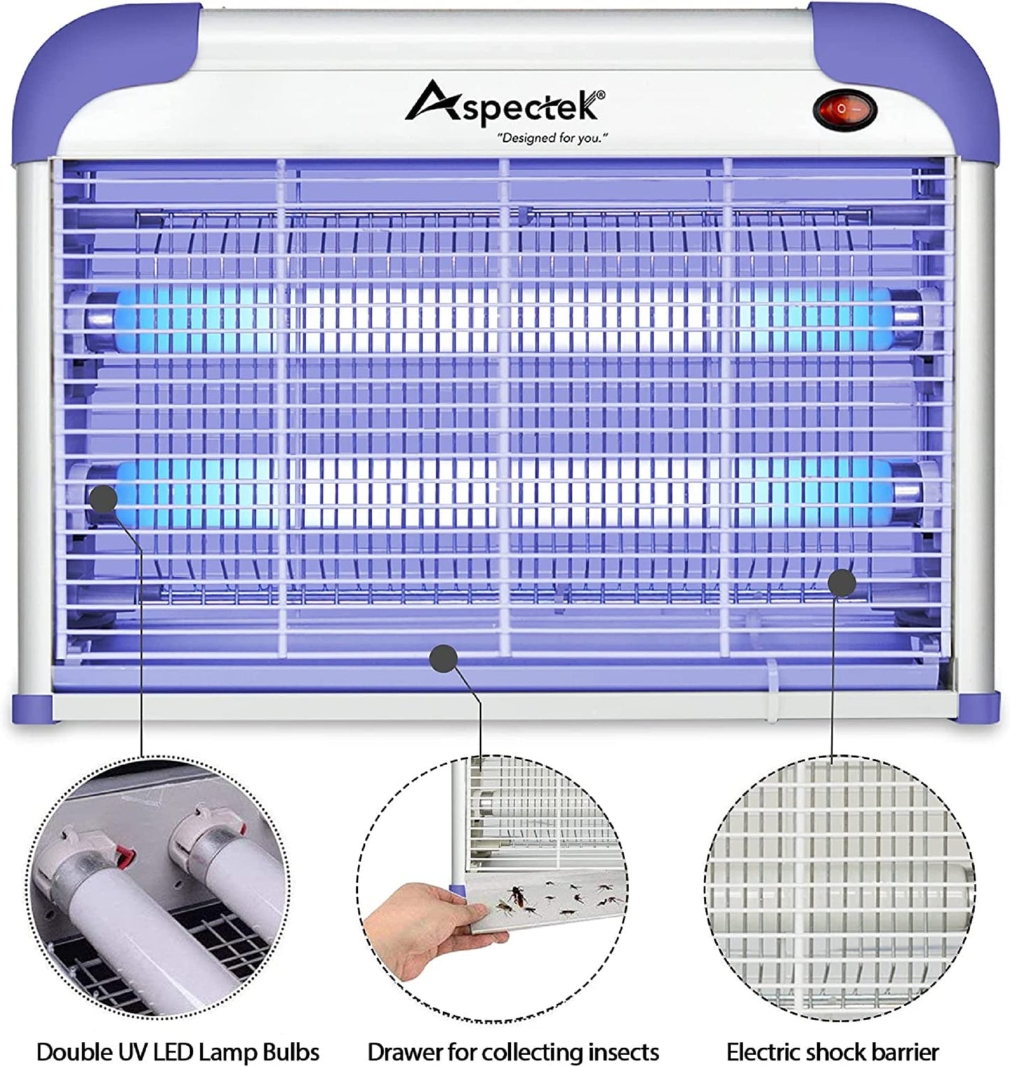 ASPECTEK 20W Indoor Bug Zapper, Powerful UV Bugs Lamp Attract Insects and 2800V Grid Kills Flying Insects, Includes 2 Replacement Insect Killer Lights