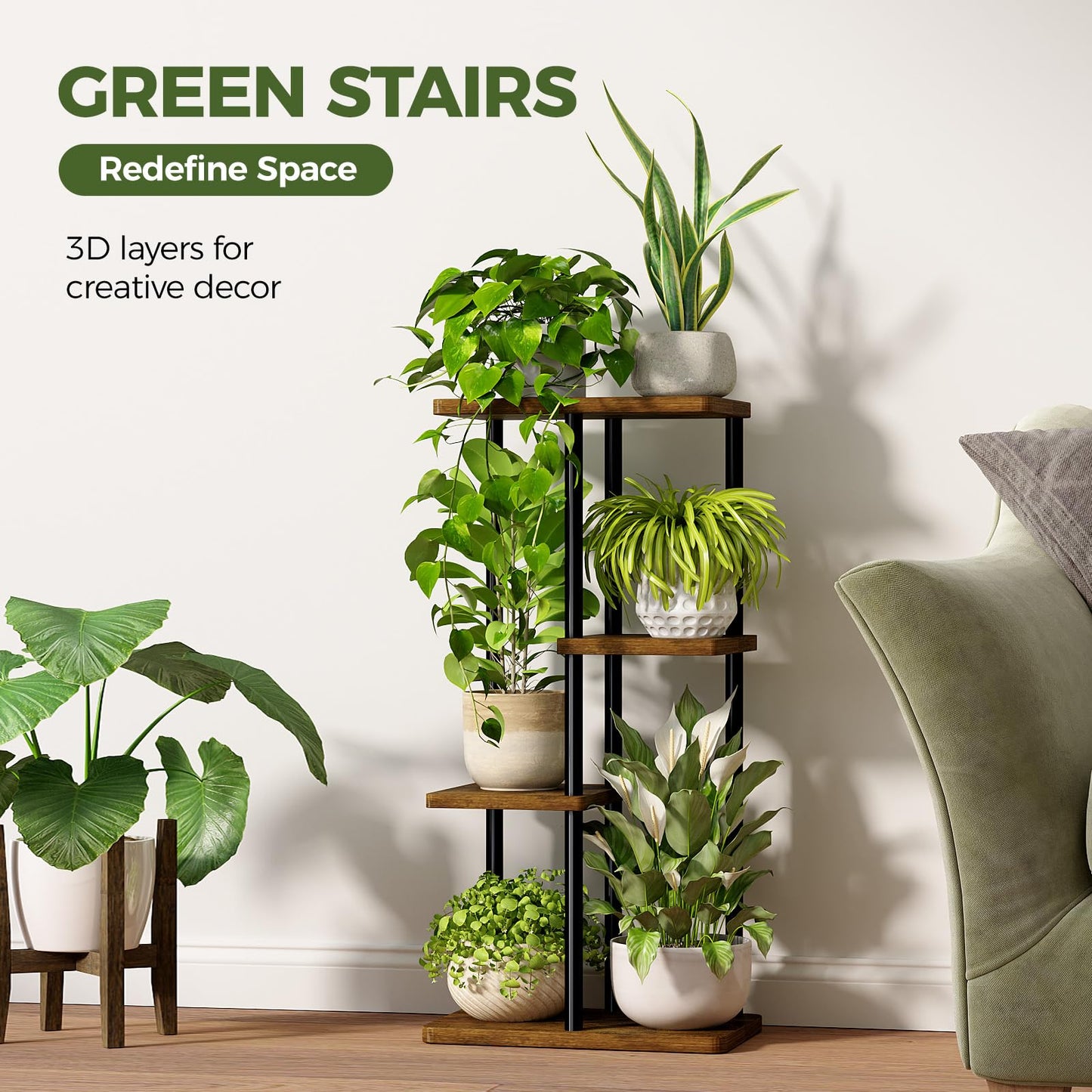 Bamworld Plant Stand Indoor, Corner 4 Tier Metal Plant Shelf for Multiple Plants, Tiered Flower Pot Stands for Patio Garden Balcony Living Room Bedroom, Brown