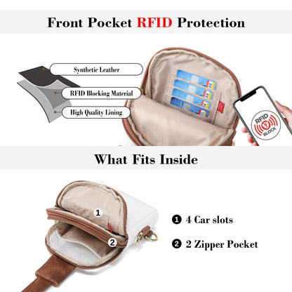 INICAT Sling Bag for Women Touchscreen Small Crossbody Cell Phone Purse Fanny Pack（White Brown Anti Theft Small)