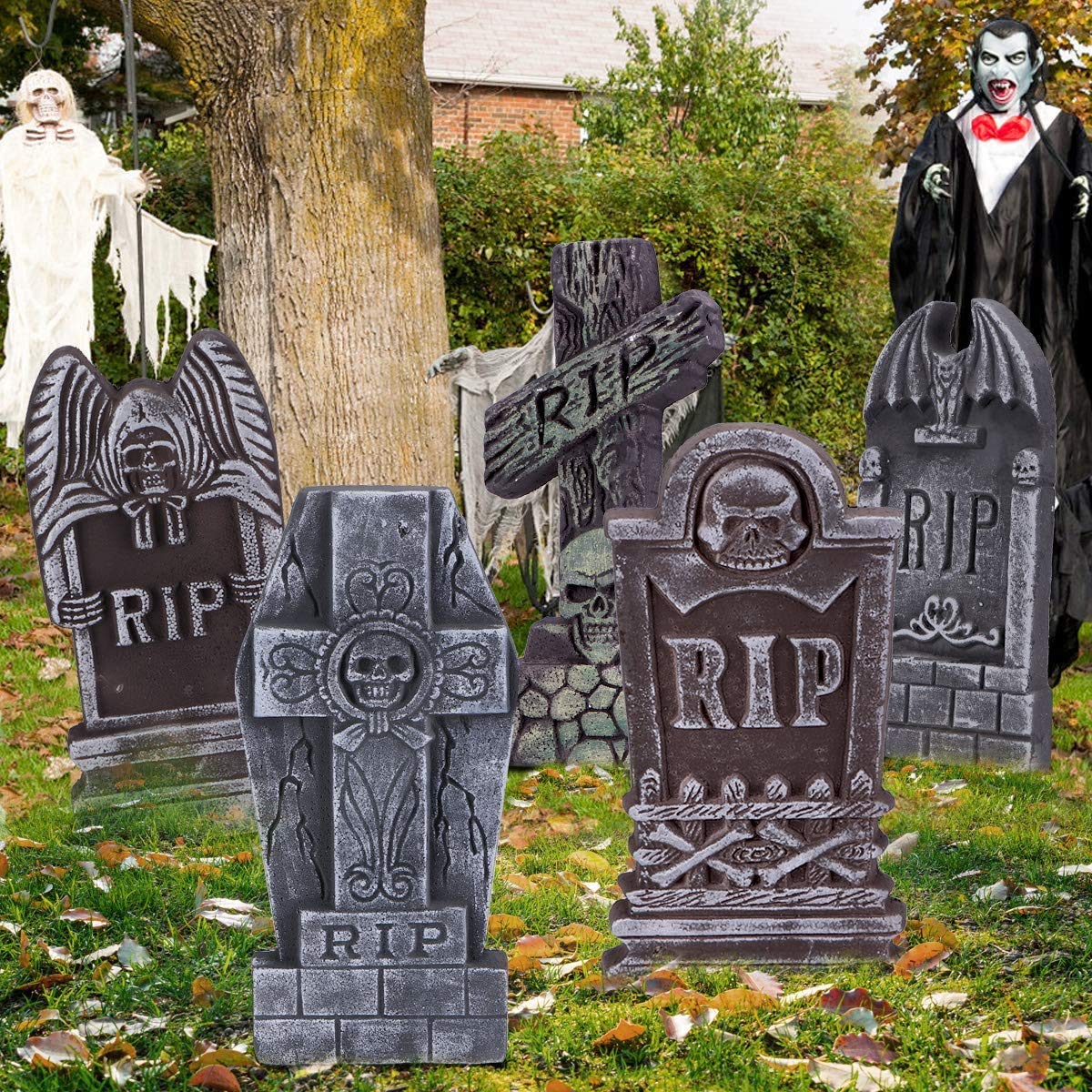 AYOGU 17” Halloween Foam RIP Graveyard Tombstones, 5 Pack Tombstone with 10 Metal Stakes for Halloween Decorations