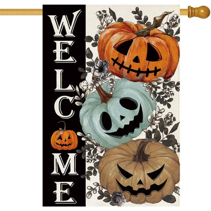 Baccessor Halloween House Flag 28 x 40 Inch Double Sided,Spooky Pumpkin Welcome Ghost Burlap Large Garden Flag Farmhouse Holiday Porch Patio Outdoor Outside Decoration