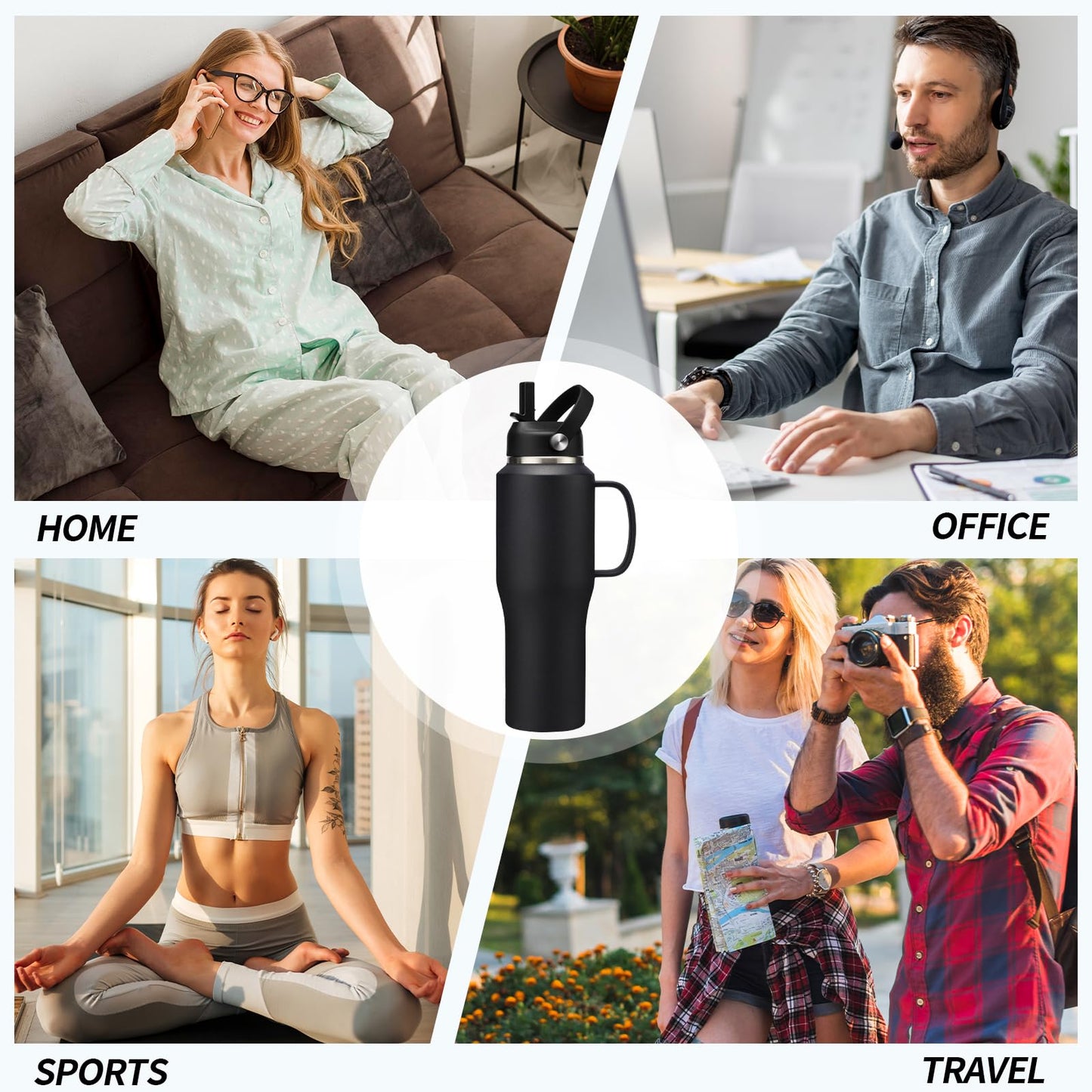 32 40 OZ Stainless-Steel Cup with Handle - Vacuum Insulated Water Bottles with Straw, Strap Carrier Bag & Protective Boot, Leak Proof Coffee Tumbler Thermo Flask Cups for Car Office Gym