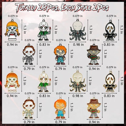 7ilaewen 28Pcs Horror Classic Movie Character Charms Halloween Enamel Pendants, Horror Ghost Dangle Halloween Scary Earring Necklace Bracelet Charms for Jewelry Making DIY Crafts Gifts