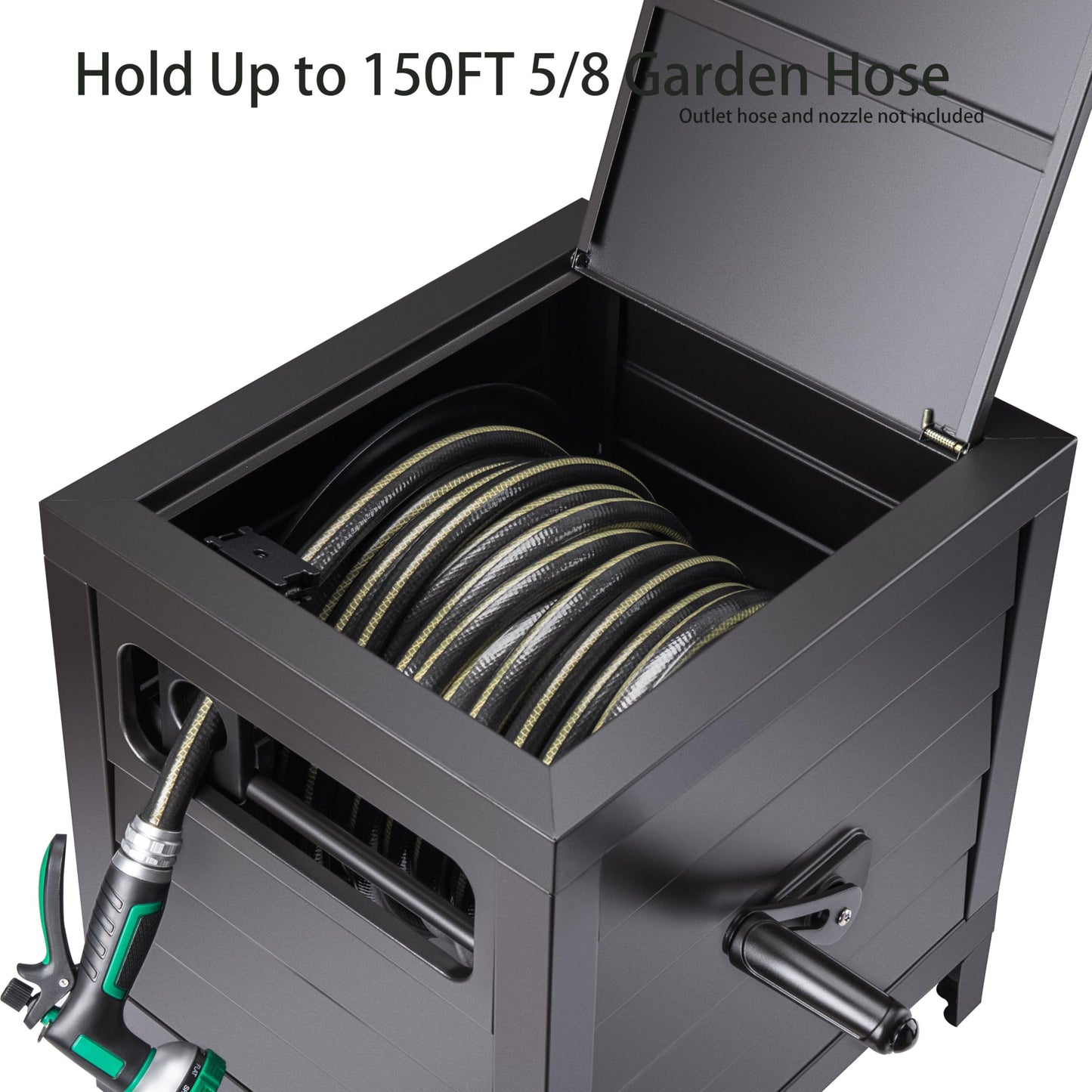 AQUAZILLA Metal Garden Hose Reel Deck box, Durable Steel Garden Hose Storage Box Cabinet, 150ft 5/8" Garden Hose Capacity. - Hose guide Manual Rewind, No-leak aluminum water connections