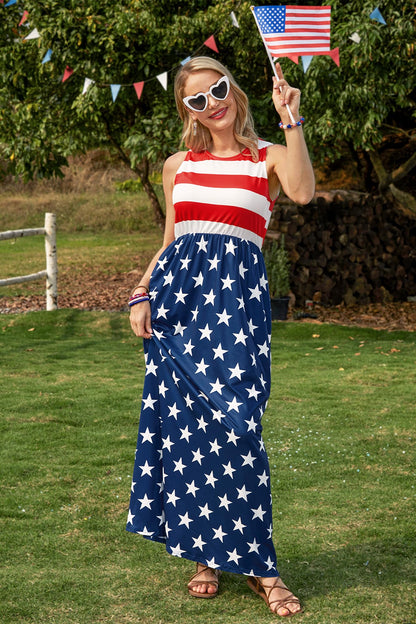 4th of July Stars and Stripes Sundress Patriotic Casual Sleeveless Maxi Dress American Flag M