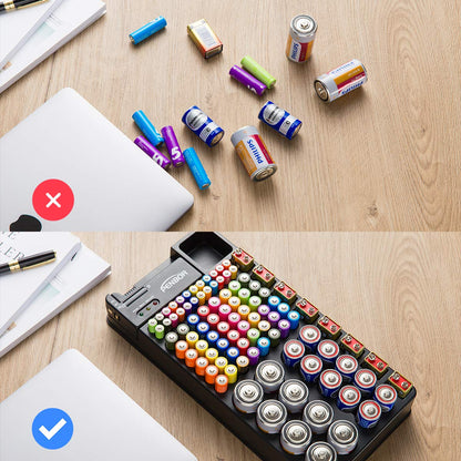 Battery Organizer Storage Case with No Lid Snap, Portable Battery Tester, Just The Right Size Slot with Wall-Mounted Design,Holds 110 Batteries Various Sizes for AAA, AA, 9V, C, D and Butt