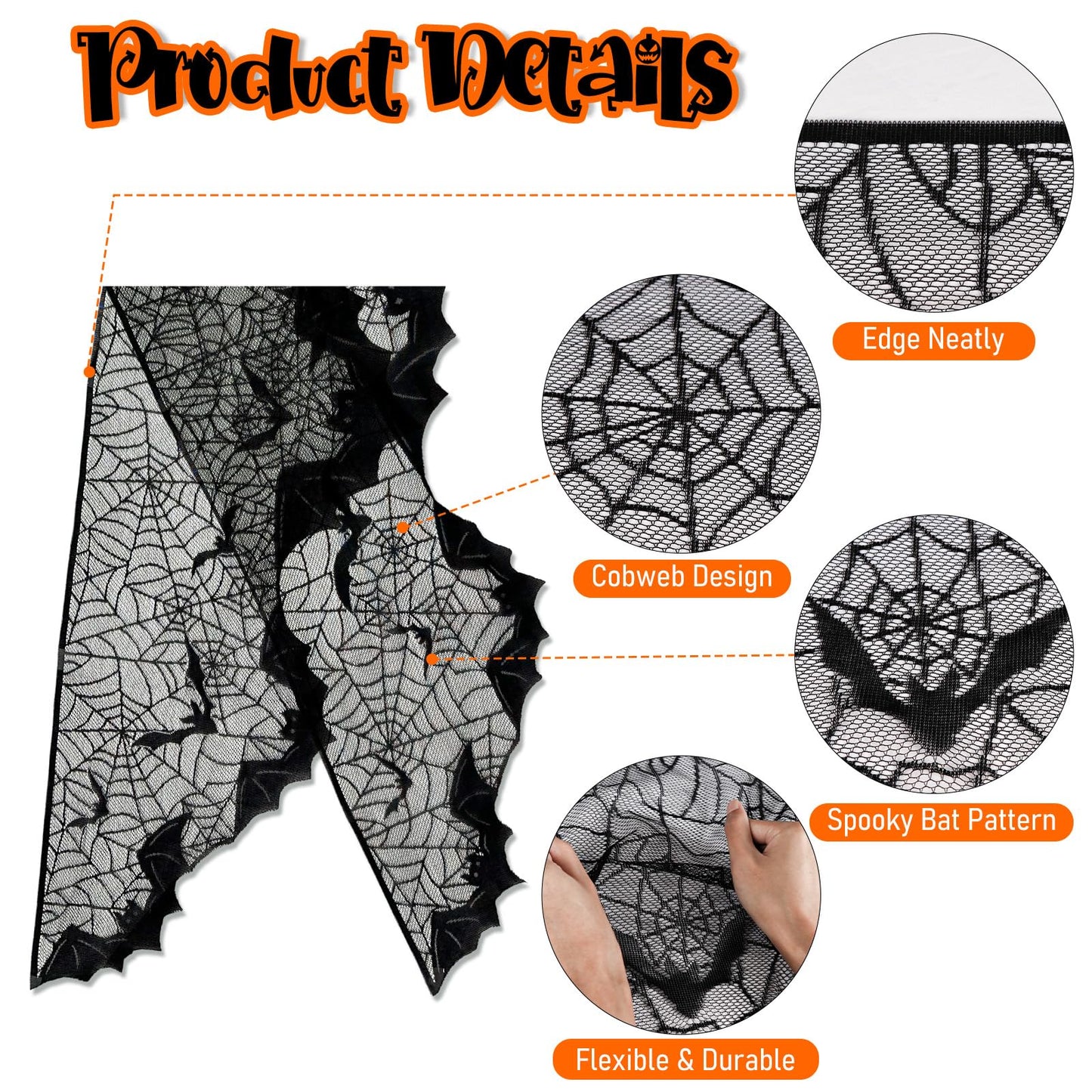 AerWo Halloween Decorations Indoor Fireplace Mantel Scarf, Black Lace Spiderweb Fireplace Cover for Halloween Mantle Decor Festive Party Supplies,20x79 inches