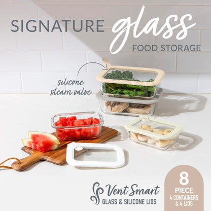 Bentgo Signature Leak-Proof Glass Food Storage - 8-Piece Set, 1-Compartment Plastic-Free Containers with Airtight Glass Lids, BPA-Free, Microwave, Freezer, Oven & Dishwasher Safe (White Stone)
