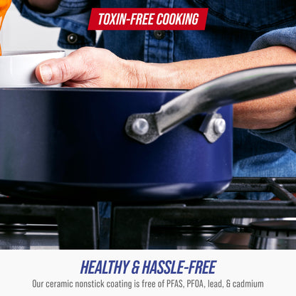 Blue Diamond Nonstick 2QT Saucepan with Lid, Non Toxic PFAS-Free Diamond Ceramic, Dishwasher & Oven Safe, Metal Utensil Safe Pot, Stay Cool Handle, Chef Pan, Glass Lid, Blue