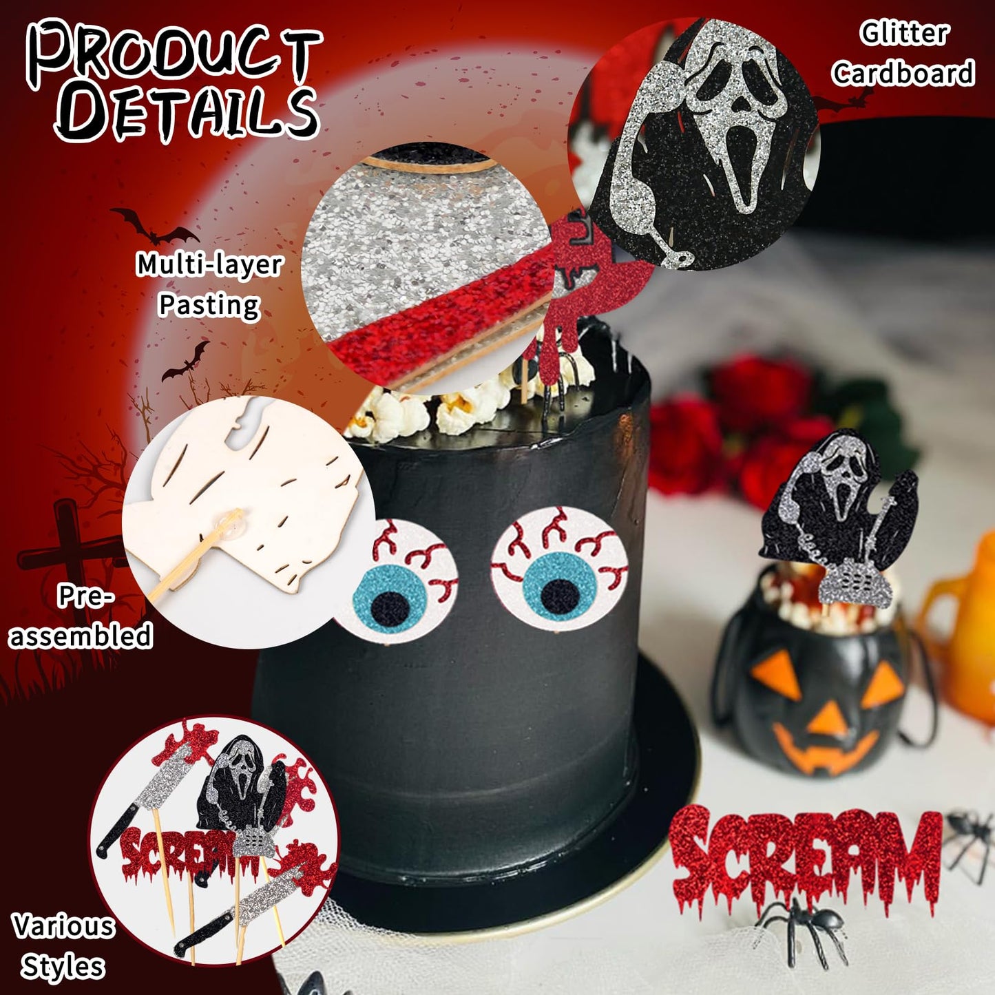 Wolpark 25pcs Have a Killer Halloween Cake Toppers Glitter Scream Cupcake Toppers Ghost Face Decorations for Scream Theme Birthday Halloween Party Cake Decorations Supplies