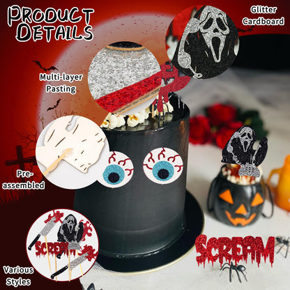 Wolpark 25pcs Have a Killer Halloween Cake Toppers Glitter Scream Cupcake Toppers Ghost Face Decorations for Scream Theme Birthday Halloween Party Cake Decorations Supplies