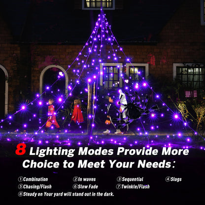 BlcTec Halloween Decorations Giant Spider Web Lights, 19.7ft x 14.7ft Lighted White Spider Web with 250 LEDs, Sturdy Wire Halloween Web Lights with 8 Modes, Waterproof for Yard, Porch Decor (Purple)