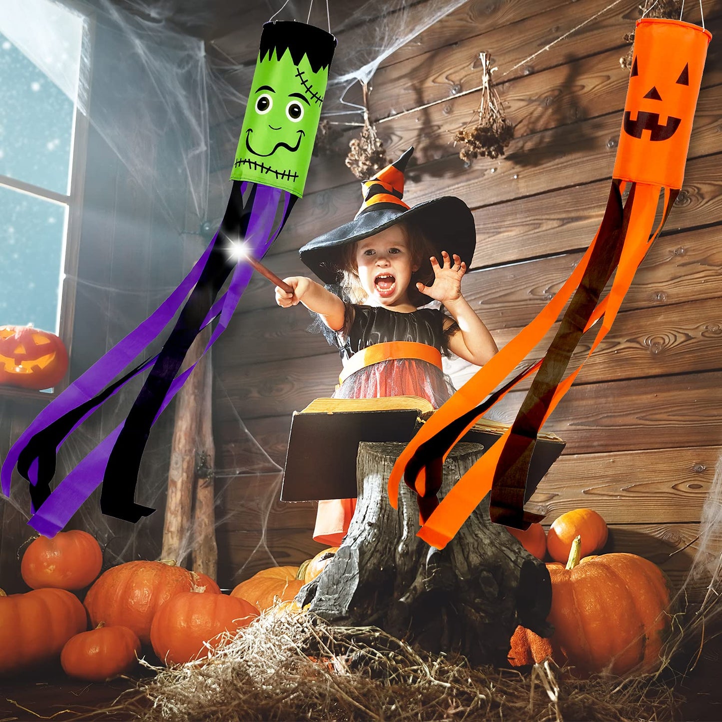 Whaline 4 Pieces Halloween Windsock Flag 39 in Spooky Cartoon Wind Socks Pumpkin Bat Ghost Monster Outdoor Hanging Decor Halloween Yard Signs for Home Patio Lawn Garden Tree Pathway Party Decoration