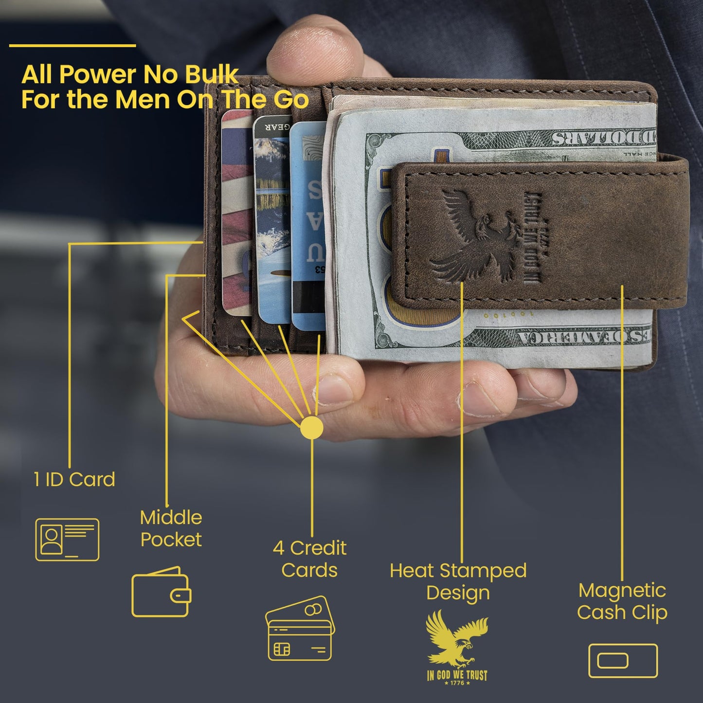 BULL GUARD RFID Magnetic Money Clip Men's Wallet Crafted from Genuine Leather, Slim Front Pocket Minimalist Card Case With 4 Credit Card Slots, ID and Middle Pocket
