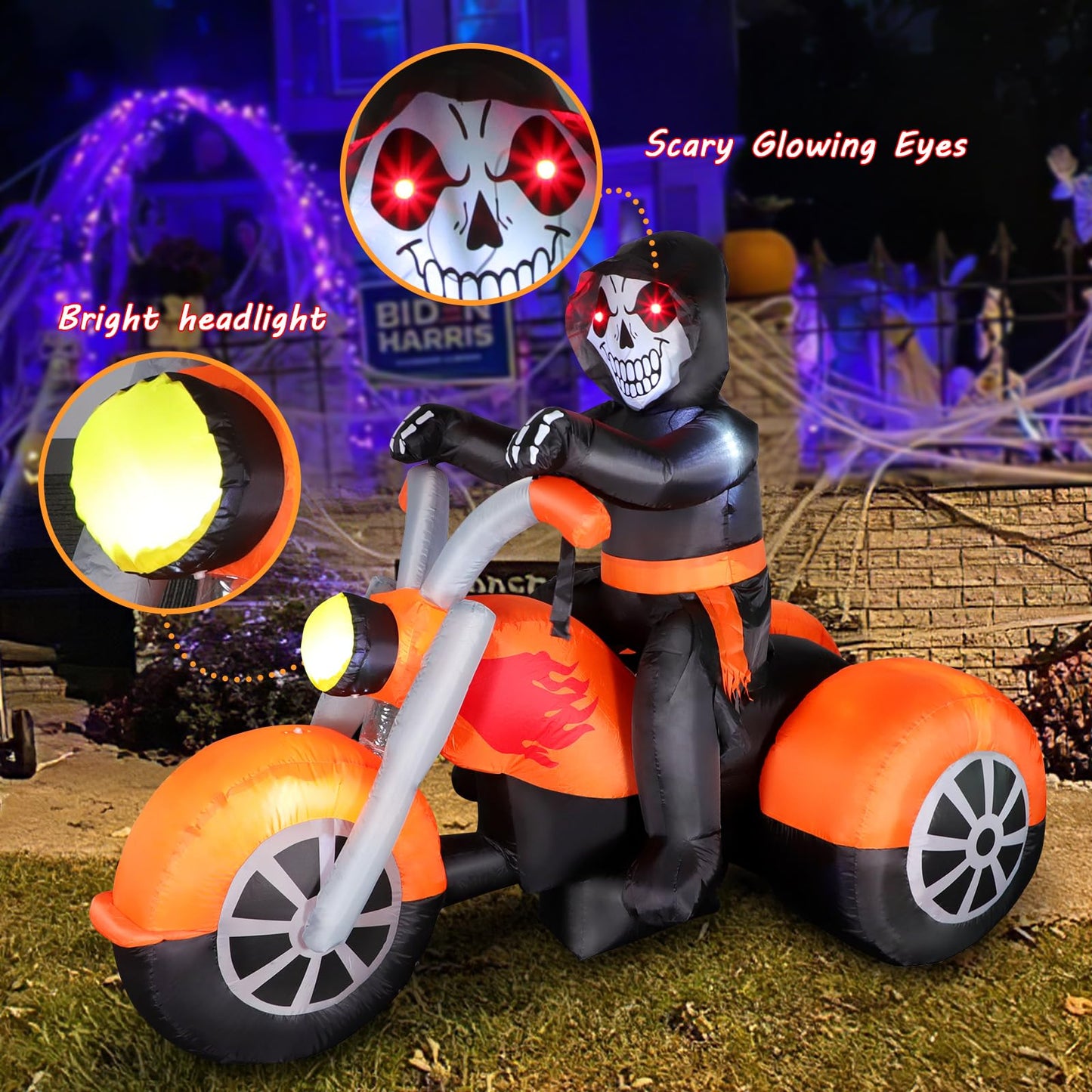 6 FT Halloween Inflatable Skeleton Ghost Riding on Motorcycle Bike, Blow Up Outdoor Decoration Clearance with Built-in LED Lights for Yard Garden Lawn Home Party Decorations