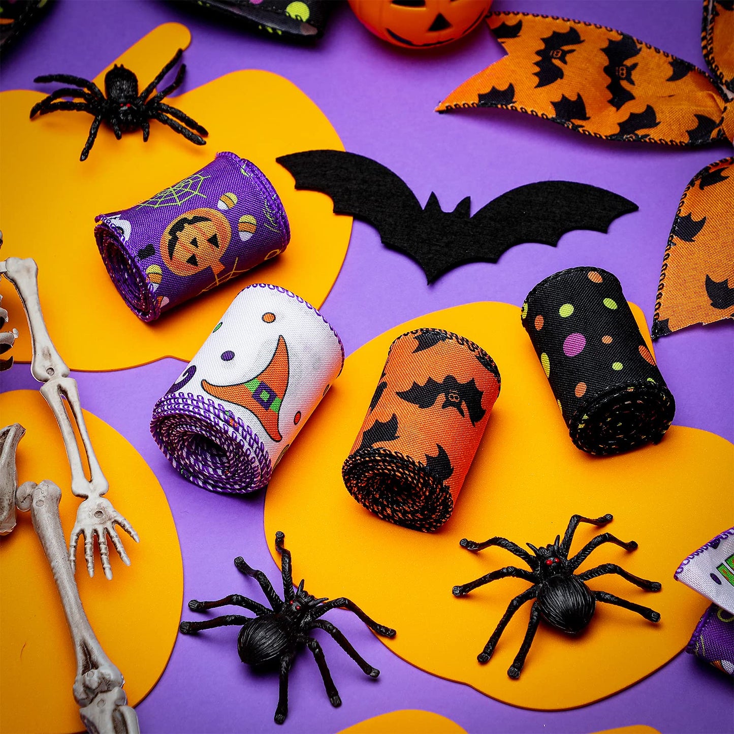 4 Rolls 20 Yards Halloween Wired Edge Ribbon Spider Web Printed Grosgrain Ribbons Halloween Theme Holiday DIY Craft Wrapping Ribbon for Home Party Decor