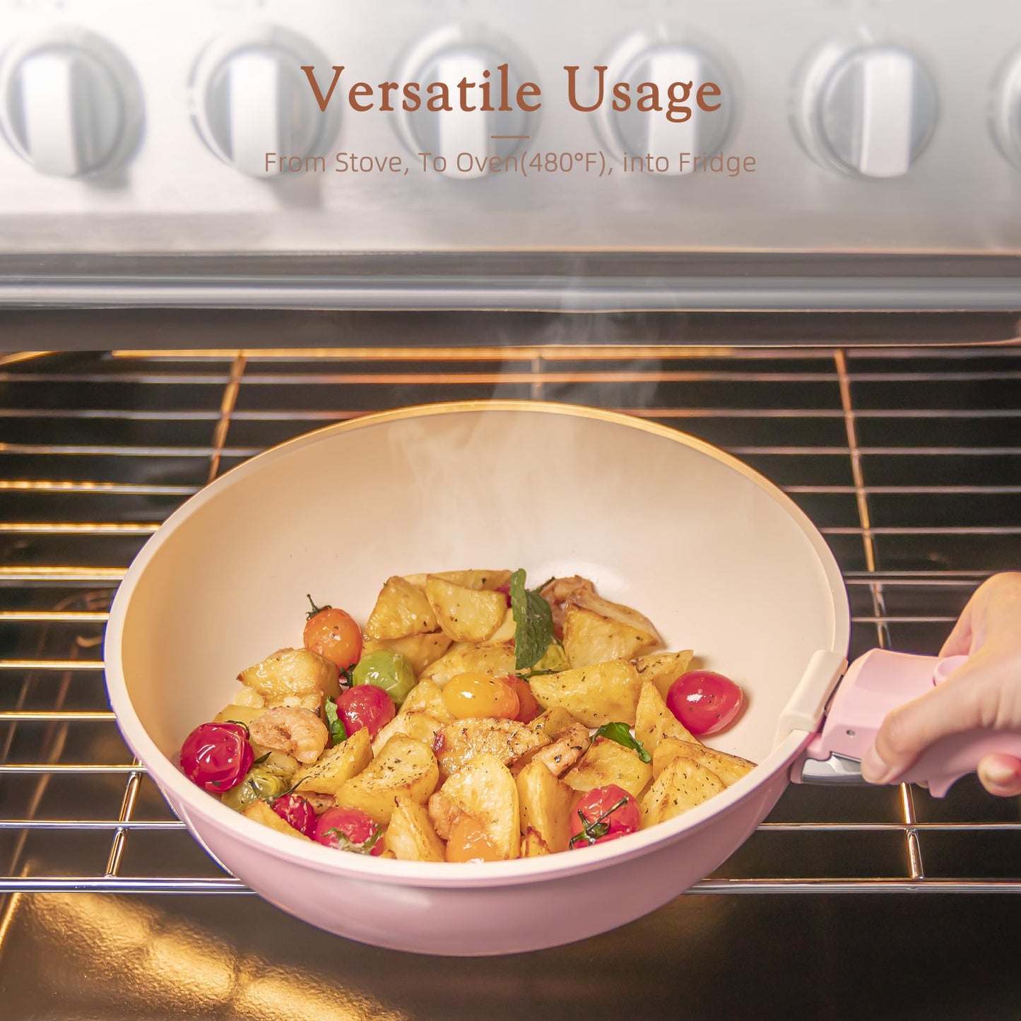 Astercook 21 Pcs Pots and Pans Set Non Stick, Ceramic Cookware Set Detachable Handle, RV Kitchen Cooking Set Removable Handles, Oven Safe, Induction Ready, Stackable Non-stick Set, Pink