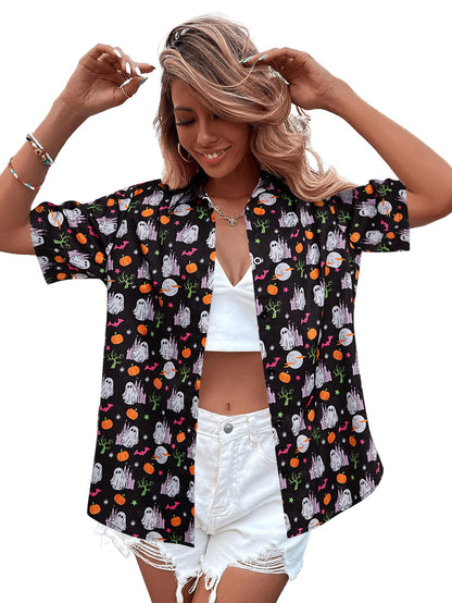 Womens Halloween Hawaiian Shirt Cute Pumpkin Spooky Castle Graphic Tee Magical Halloween Short Sleeve Button Up Tops