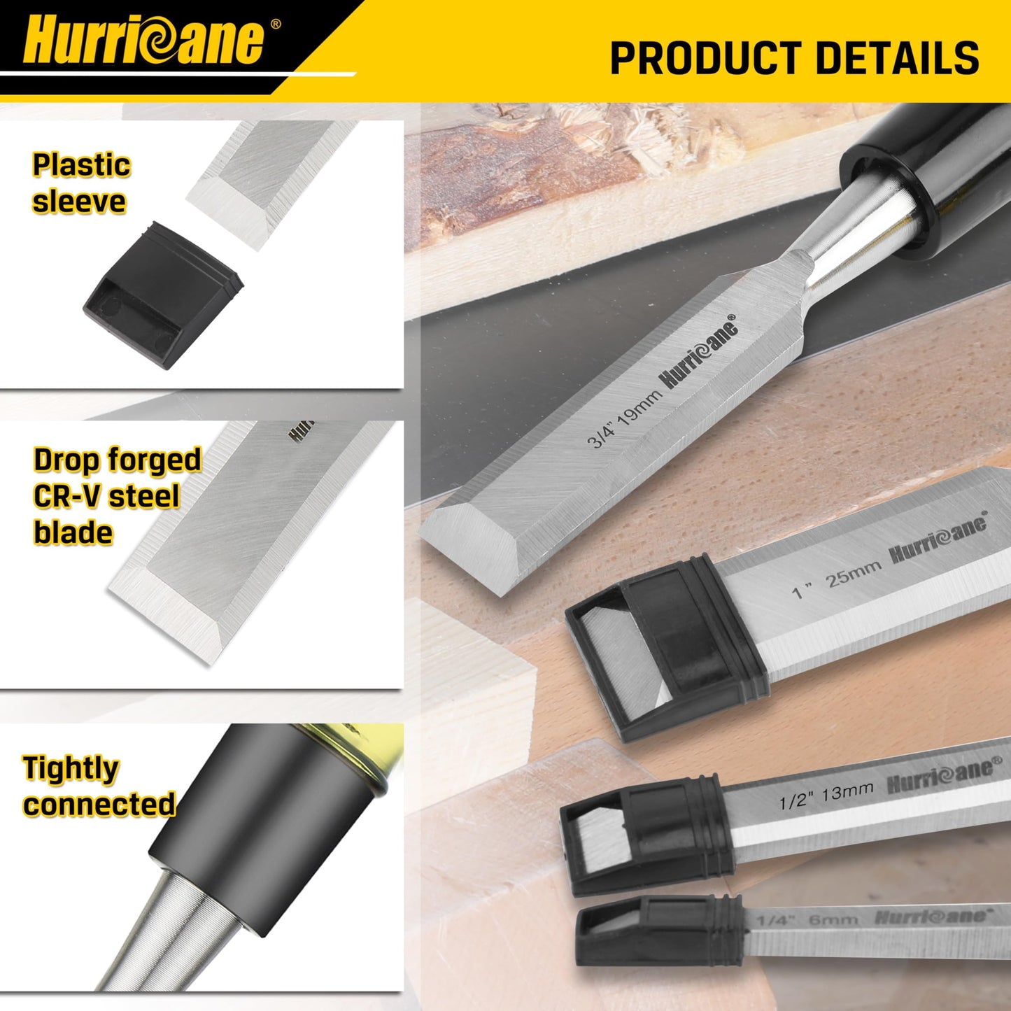 HURRICANE 4 Piece Wood Chisel Set for Woodworking. CR-V Steel Beveled Edge Blades with Safety Caps. Durable PVC High Impact Handle, for Precision Carving & DIY Projects (1/4", 1/2", 3/4", 1")