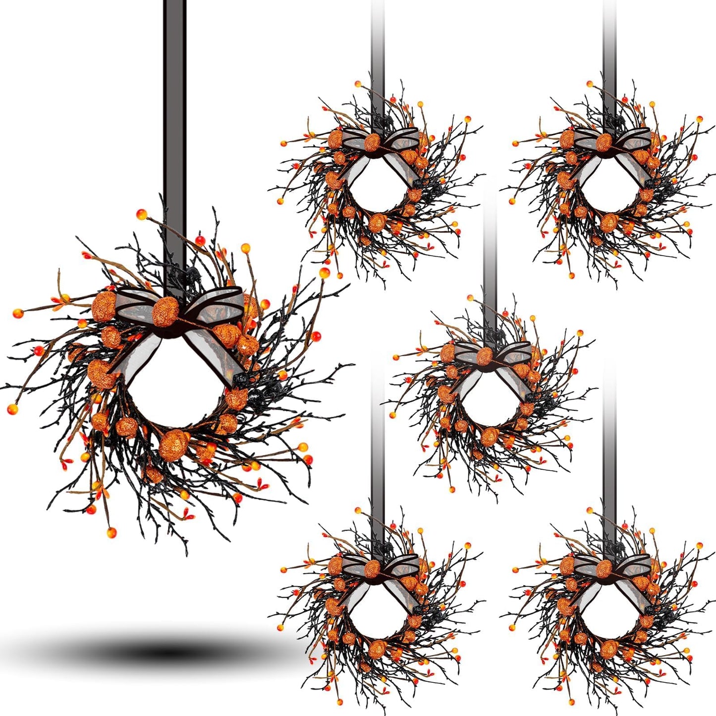 6 PCS Halloween Swags Wreaths Black Berry Cabinet Hanging Decorative Wreaths 3.5 Inch Halloween Candle Rings Berries & Pumpkin Candle Rings for Front Door Home Wall Decor Party Outdoor Indoor Supply