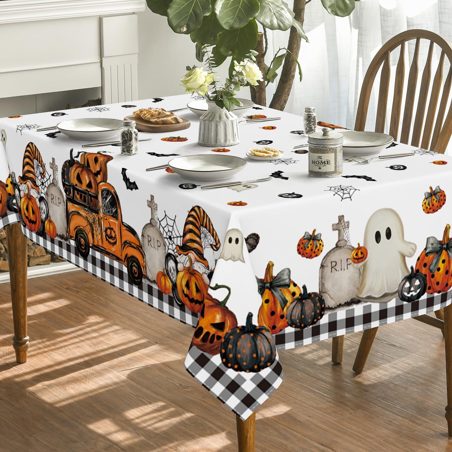 Horaldaily Halloween Tablecloth 60x84 Inch Rectangular, Ghost Pumpkin Washable Table Cover for Party Picnic Dinner Decor