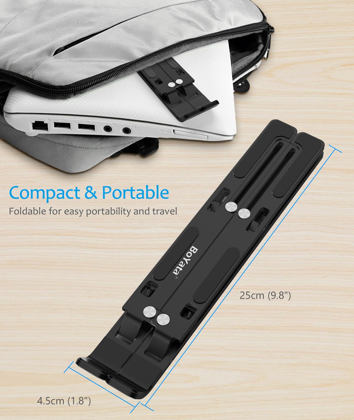 BoYata Laptop Stand, Portable Laptop Holder Computer Stand for Desk, Aluminum Foldable Laptop Riser with 6 Levels Height Adjustment, Compatible with MacBook, HP, Lenovo, Dell, 10-15.6" Laptops (Black)