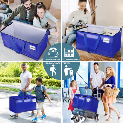 HomeHacks Moving Bags, 8-Pack Heavy Duty with Strong Zippers and Handles Collapsible Moving Supplies, Storage Totes for Packing & Moving Storing 93L-8 Pack (Blue)