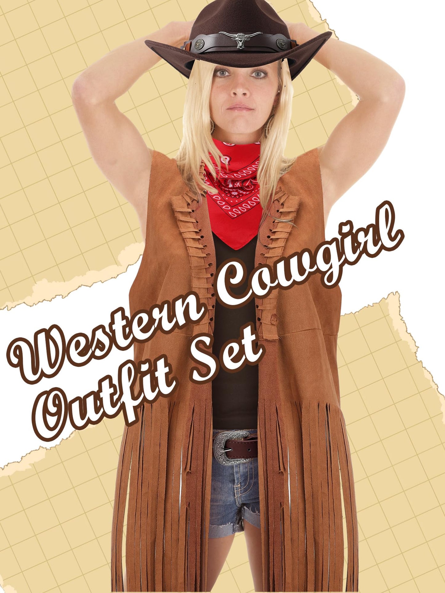 Hercicy Western Outfits for Women Cowgirl Tassel Sleeveless Vest Cowboy Hat Belt and Paisley Bandana for Halloween Dress Up (Brown,XL)