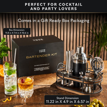 Home Hero Elegant Bartender Kit with Wooden Stand, Premium Bar Set & Cocktail Shaker, Gift for Home Bar and Cocktail Enthusiasts, Essential Bar Accessories with Recipe Book (22 Pcs - Silver)