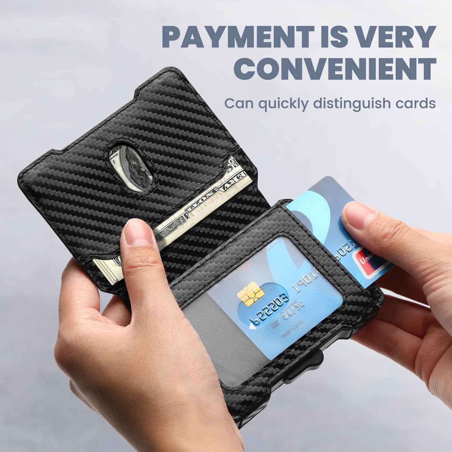 Airzoo Wallet for Men, RFID Blocking Slim Mens Wallet with Money Clip, Minimalist Pop Up Card Case, ID Window, 9-11Cards Capacity, Bifold Leather Front Pocket Wallet with Gift Box (Black-Carbon Fiber)