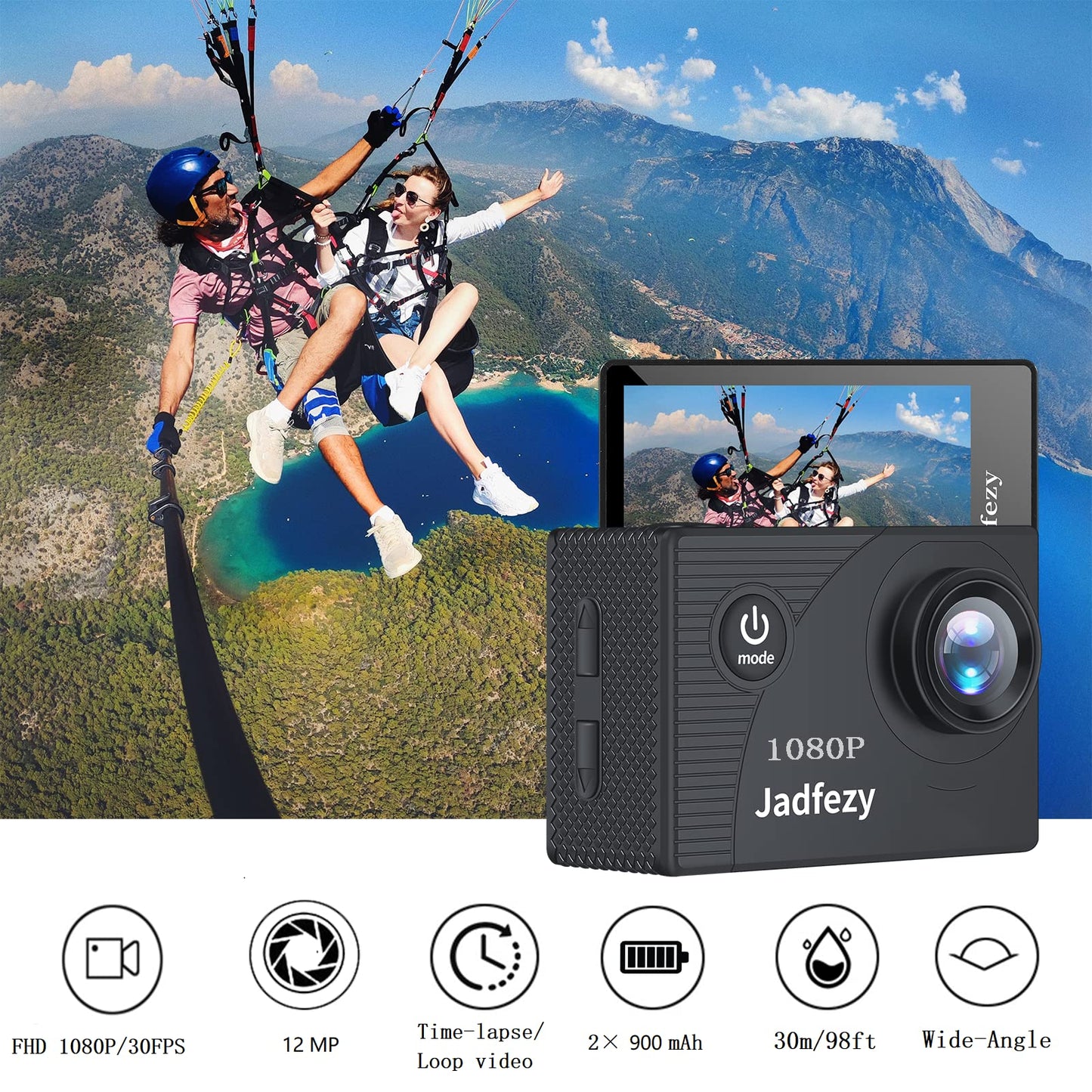 Jadfezy Action Camera FHD 1080P 12MP, 98FT/30M Underwater Waterproof Camera with 2 Batteries, Wide Angle Sports Camera with Accessories Kit Suitable for Helmet, Bicycle, etc.
