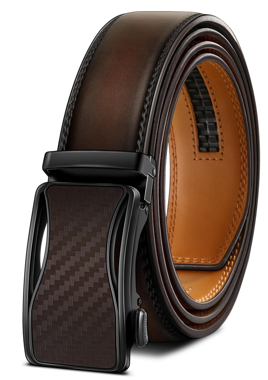 BULLIANT Mens Ratchet Belt,Leather Adjustable Slide Belt For Gift Mens Dress Casual 1 3/8",Size Adjustable(Deep Brown,32"-38" Waist Adjustable)