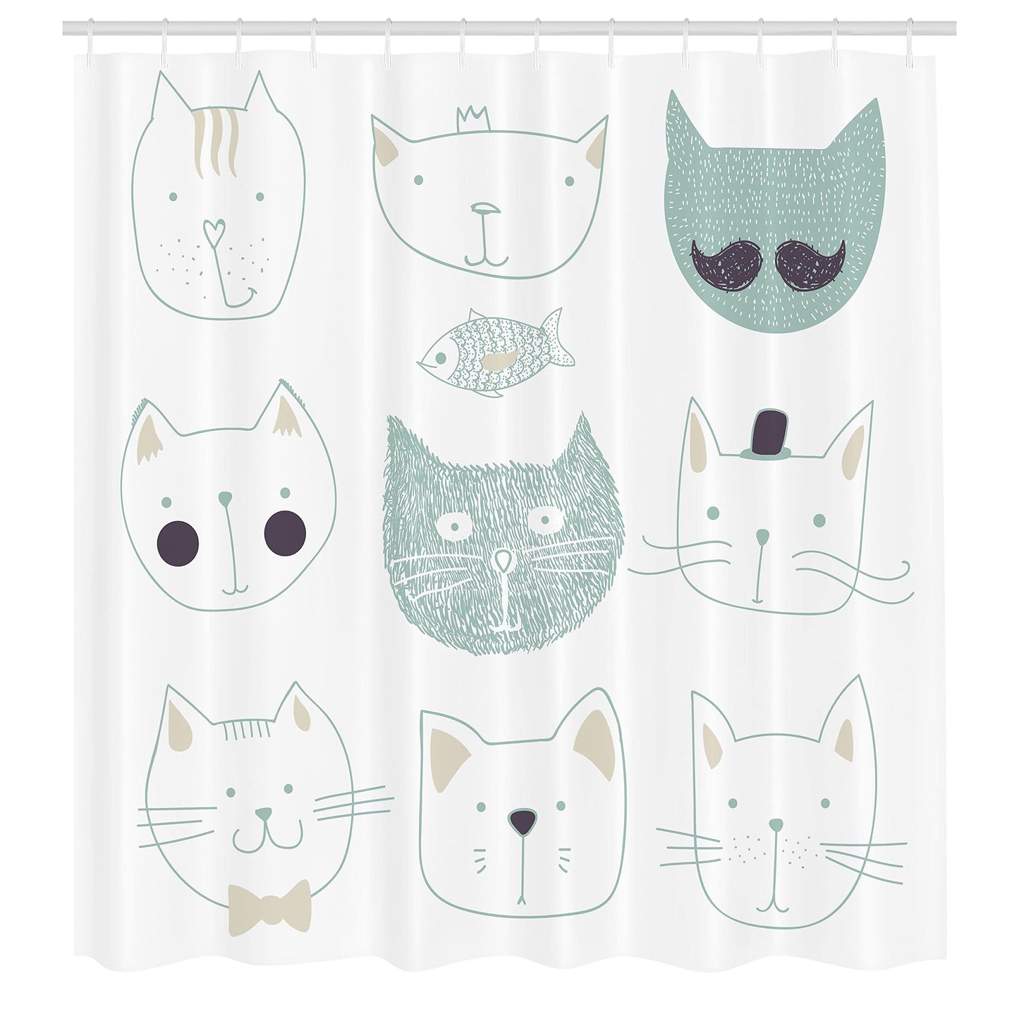 Ambesonne Cat Shower Curtain, Pets Moustache Bow Tie Hat Crown Fluffy and Fish Humor Faces Graphic, Cloth Fabric Bathroom Decor Set with Hooks, 69" W x 84" L, Soft Teal