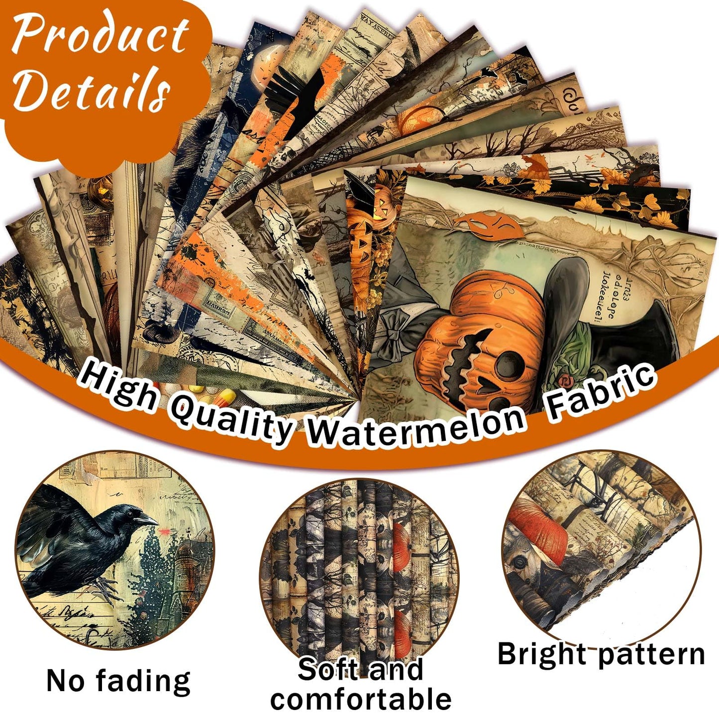 HunnmingRe 20 Pcs 10''x10'' Vintage Halloween Quilting Fabric Square Spooky Gothic Quiltted Fabric Bundle Pumpkin Skull Cat Precuts Printed Patchwork Supplies for Holiday DIY Sewing Craft