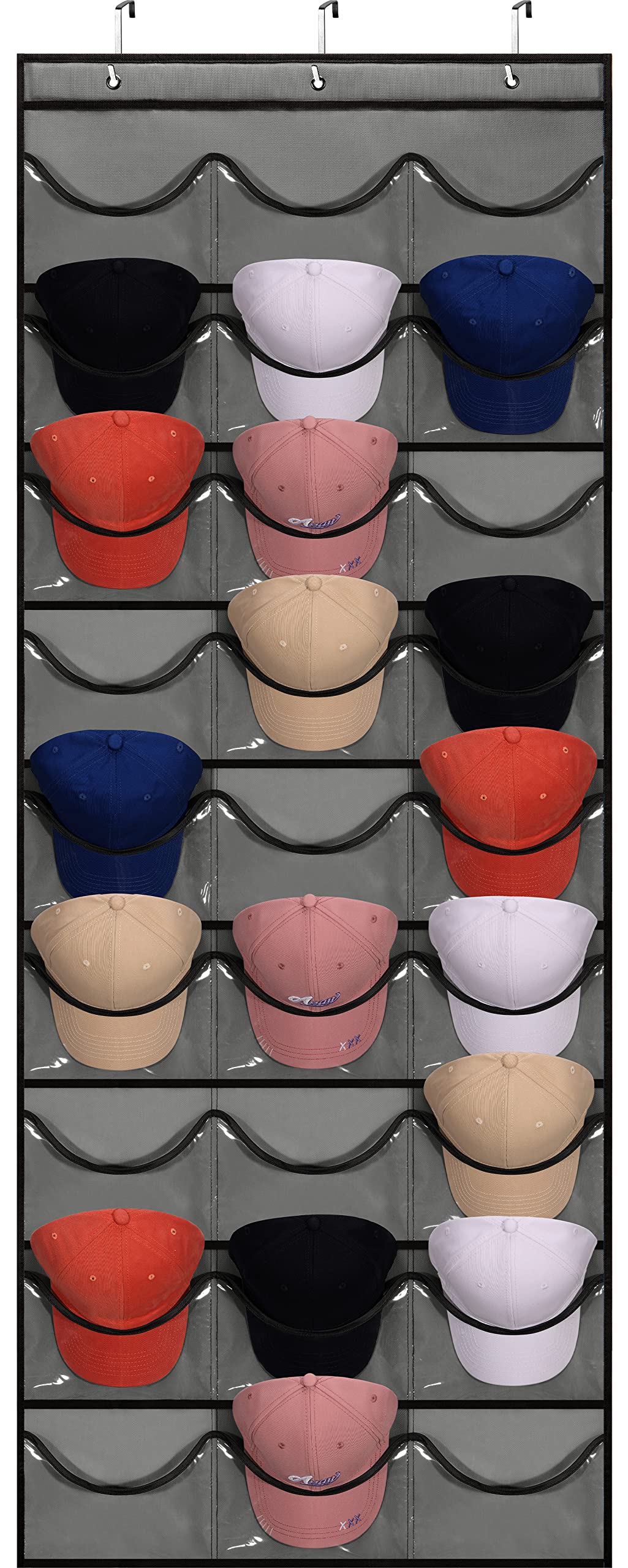 27 Pockets Hat Rack For Baseball Caps Hanging Hat Organizer Over The Door Hat Storage Organizer For Closet Wall With Large Clear Pockets & 3 Hooks Caps Hat Holder Hanger for Baseball & Sport Caps