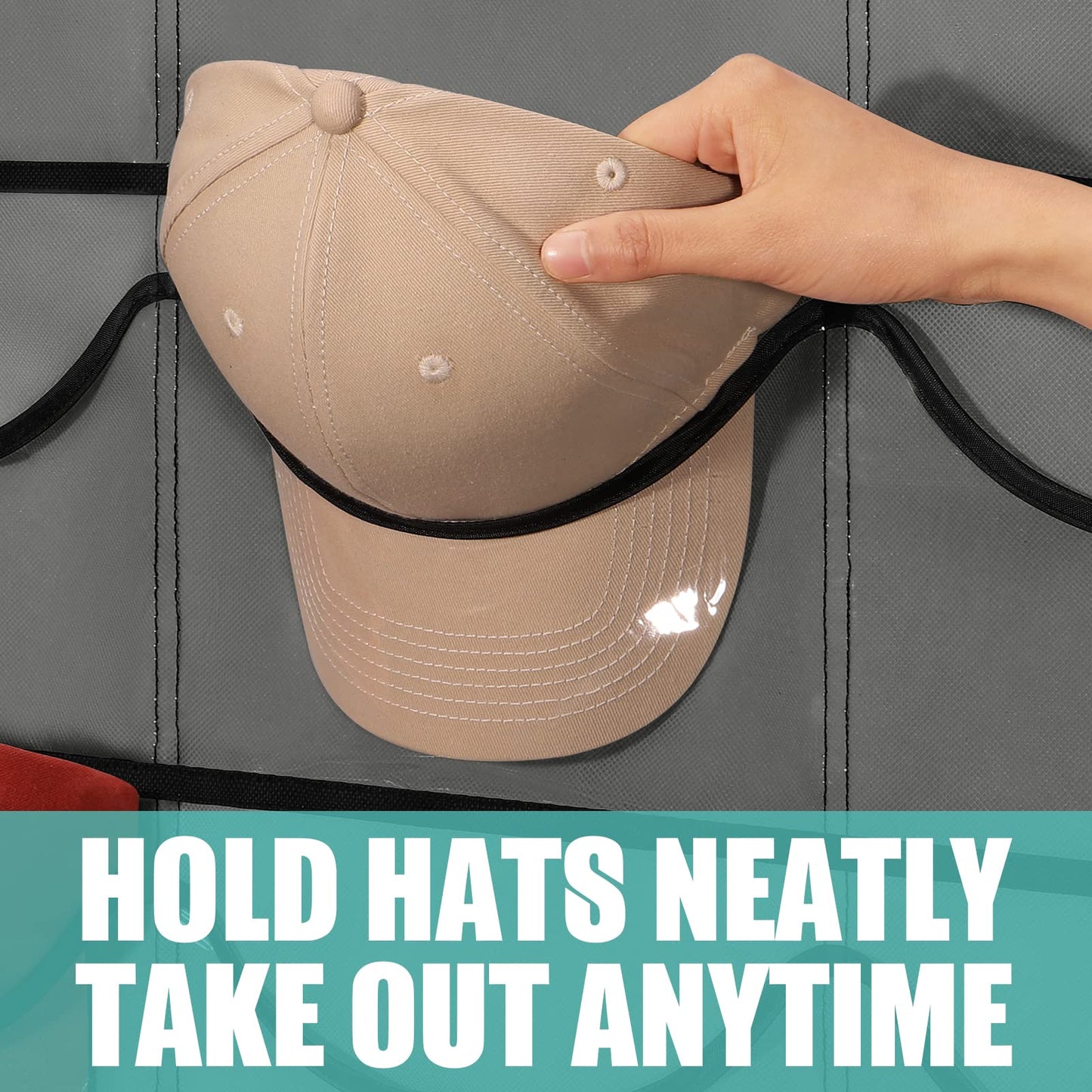 27 Pockets Hat Rack For Baseball Caps Hanging Hat Organizer Over The Door Hat Storage Organizer For Closet Wall With Large Clear Pockets & 3 Hooks Caps Hat Holder Hanger for Baseball & Sport Caps