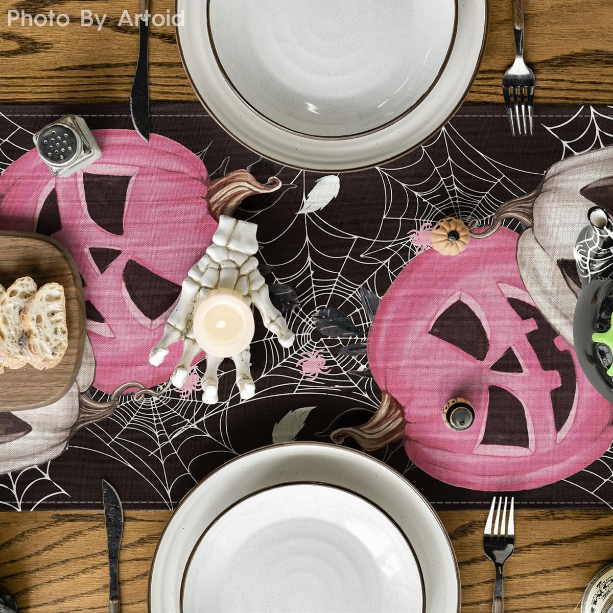 Artoid Mode Pink Pumpkins Spider Web Halloween Table Runner, Seasonal Fall Black Kitchen Dining Table Decoration for Home Party Decor 13x72 Inch