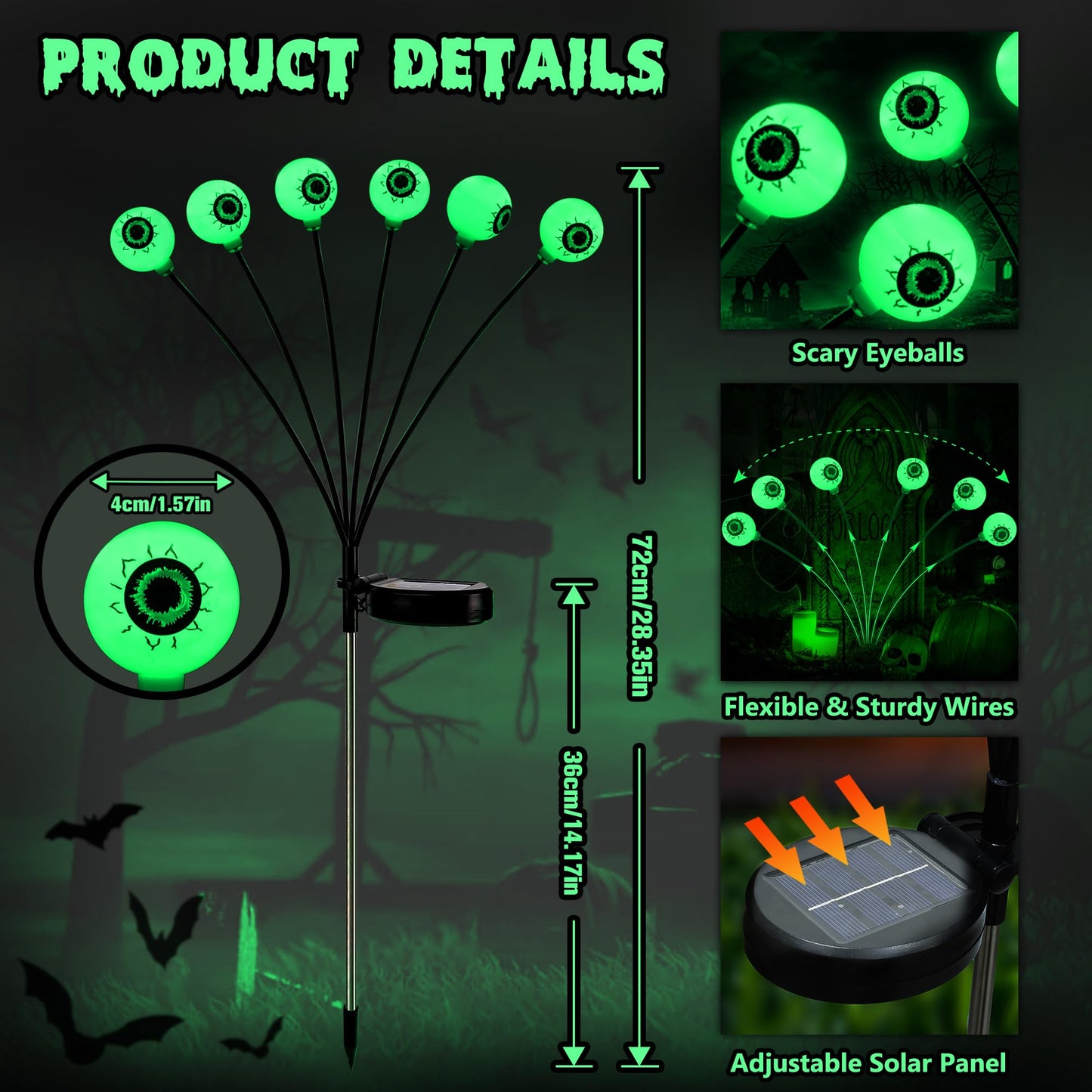 Brizled Solar Halloween Lights, 2 Pack Total 12 LED Green Halloween Eyeball Lights, 2 Modes Outdoor Green Eyeball Light, Swaying Outside Scary Pathway Light Waterproof for Garden Yard Lawn Path Decor