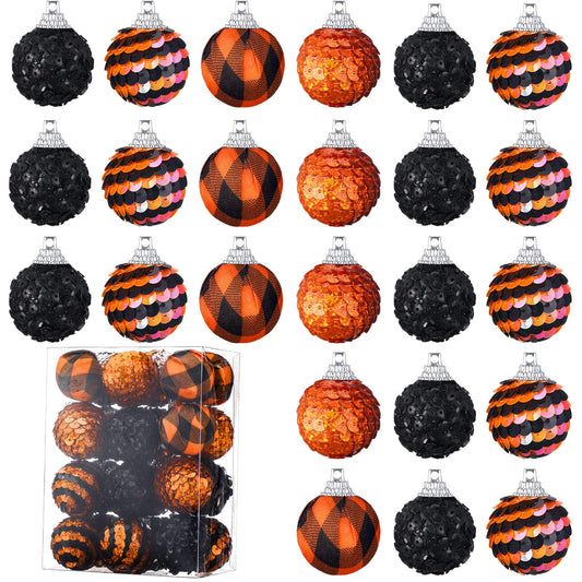 Honoson 24 Pcs Mini Halloween Ornaments for Tree 1.2 Inch Halloween Glitter Balls Ornament Set Small Black Orange Hanging Tree Decoration for Home Indoor Party Supplies